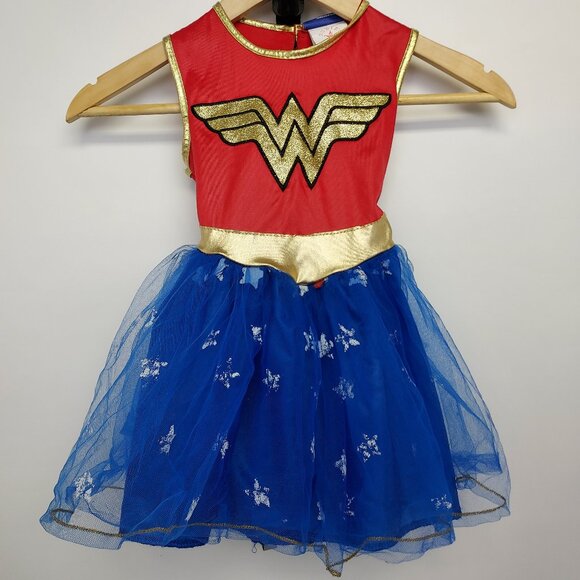 RUBIE'S WONDER WOMAN RED BLUE GOLD LOGO SHEER SKIRT DRESS COSTUME SIZE: S (3-4) - Picture 1 of 4